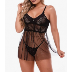 Conjunto Camisola  Lingerie Black - Tamanhos Diversos - Ref 100377